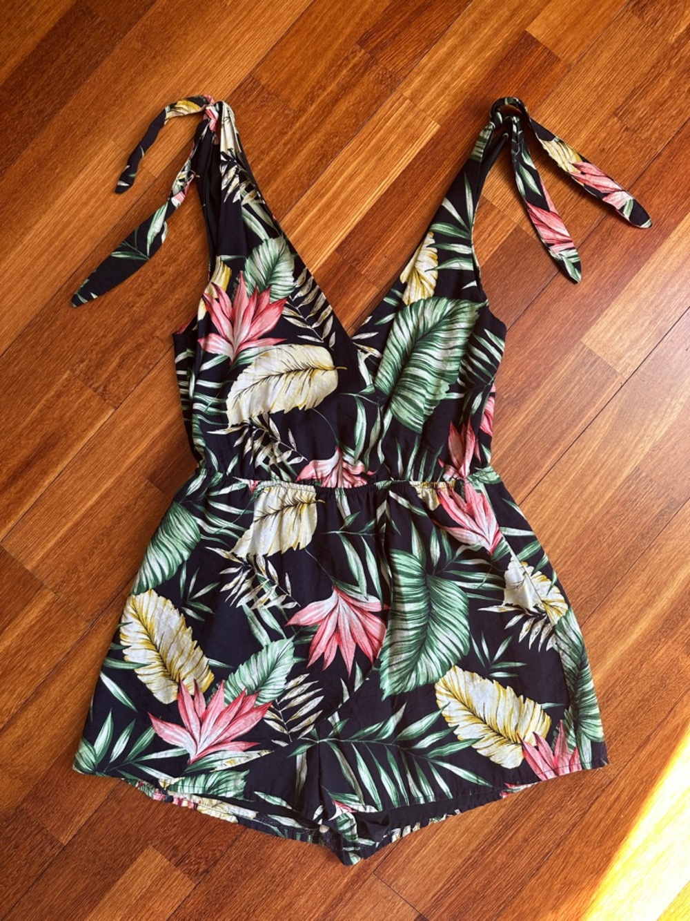 superdown Navy Blue Tropical Leaf Print Romper with Green and Pink Accents